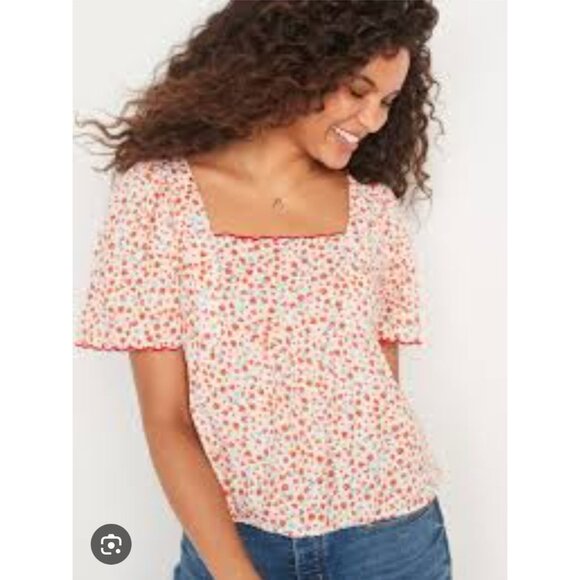 Old Navy Flutter Sleeve Floral Swing Blouse Size XXL Scalloped Tie Smocked Back - Picture 7 of 8